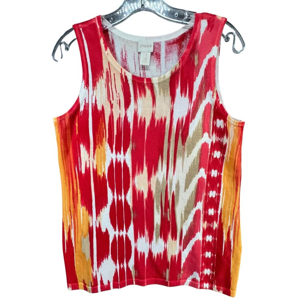 Chicos Sweater‎ Knit Tank Top Womens M Red Orange Abstract Resort Boho Chic Art